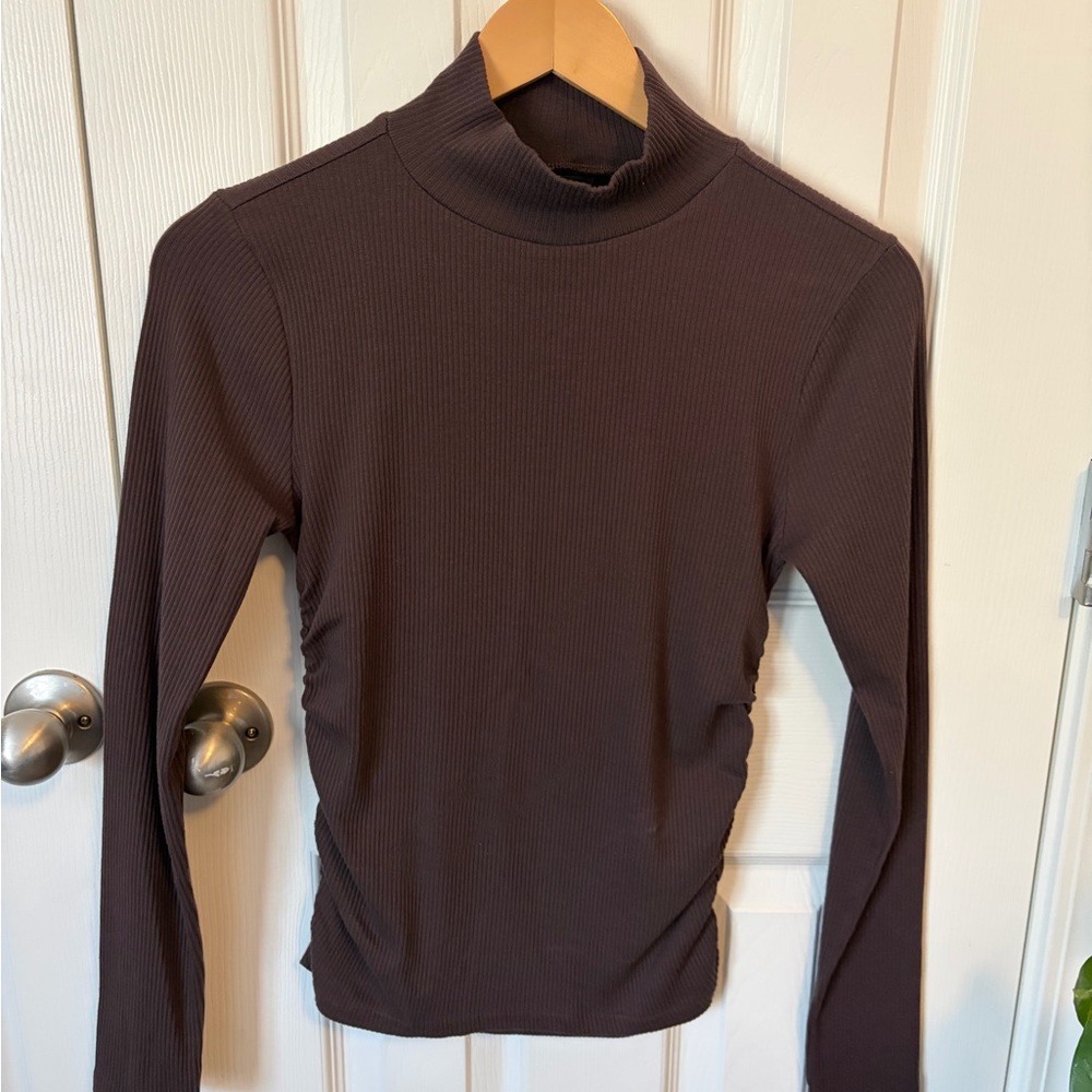 Women's Brown ribbed Turtleneck long-sleeve Top